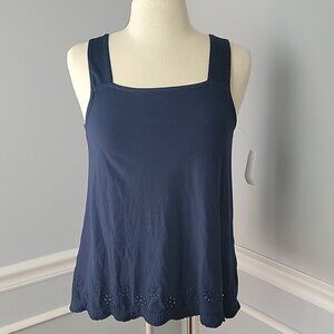 LOFT Navy Blue Cotton Floral Eyelet Cut Out Scallop Hem Summer Casual Tank Top S